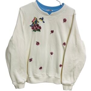 Vintage Y2K Embroidered Bird Floral Grandma Sweater Cottagecore Whimsical Size L